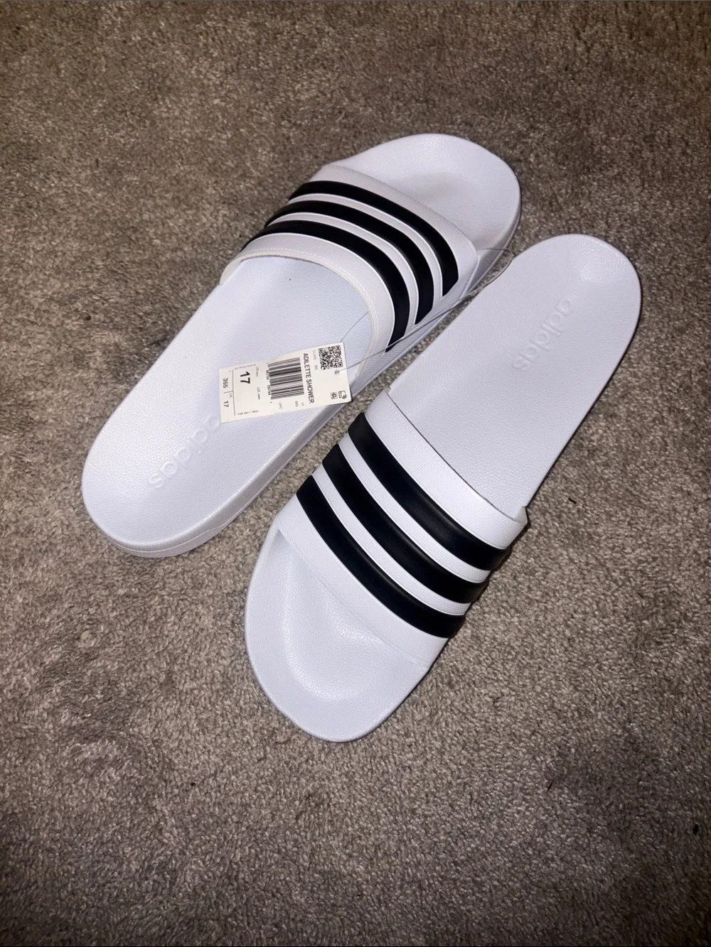 adidas White Slides with Black Striped Strap